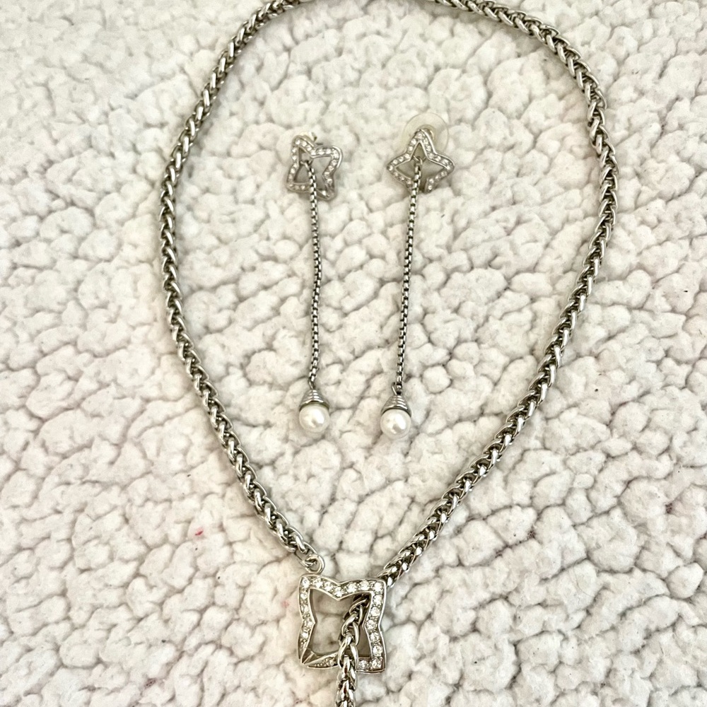 Silver Rope Link Adjustable Length Necklace & Earrings with Pearl Drop